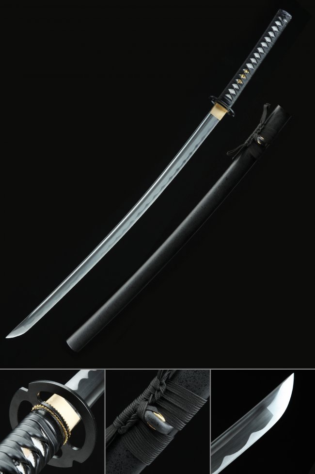 1060 Carbon Steel Black Katana with Clay-Tempered Hamon in Matte Black Hardwood Saya - Full Tang Collectible Sword