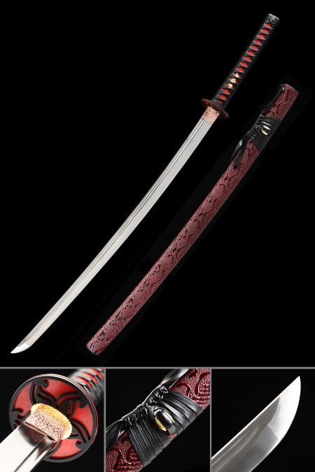 Handmade Japanese Samurai Sword With Red Leather Scabbard