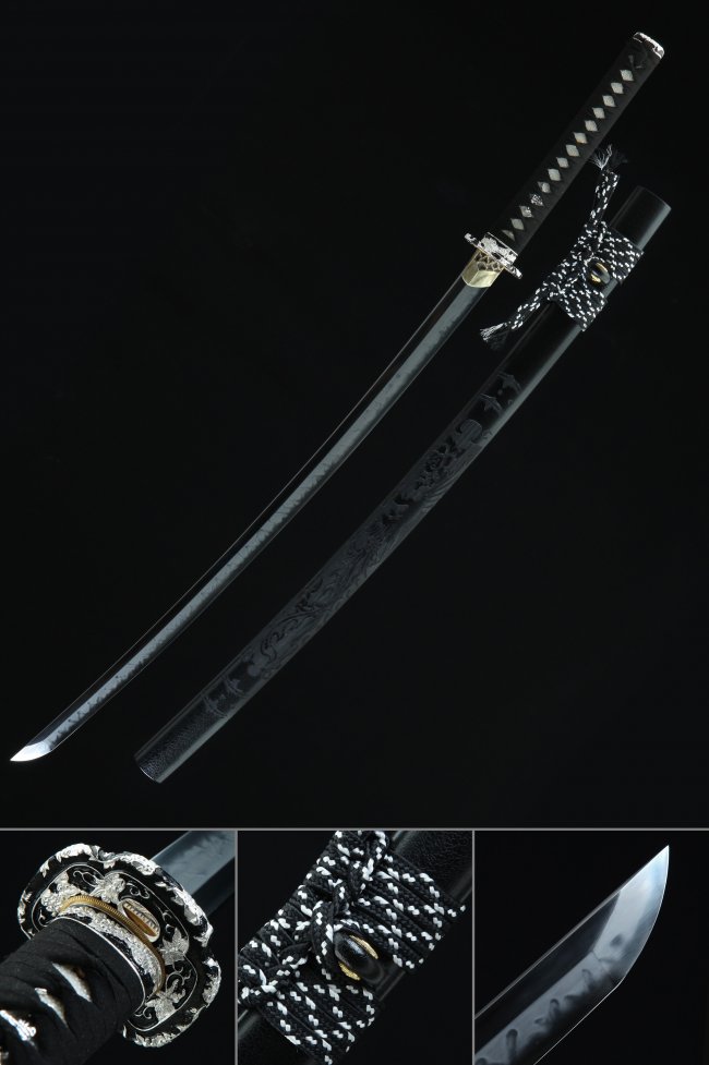 Dragon Tsuba T10 Carbon Steel Katana, Real Hamon, Handmade & Black Dragon Saya
