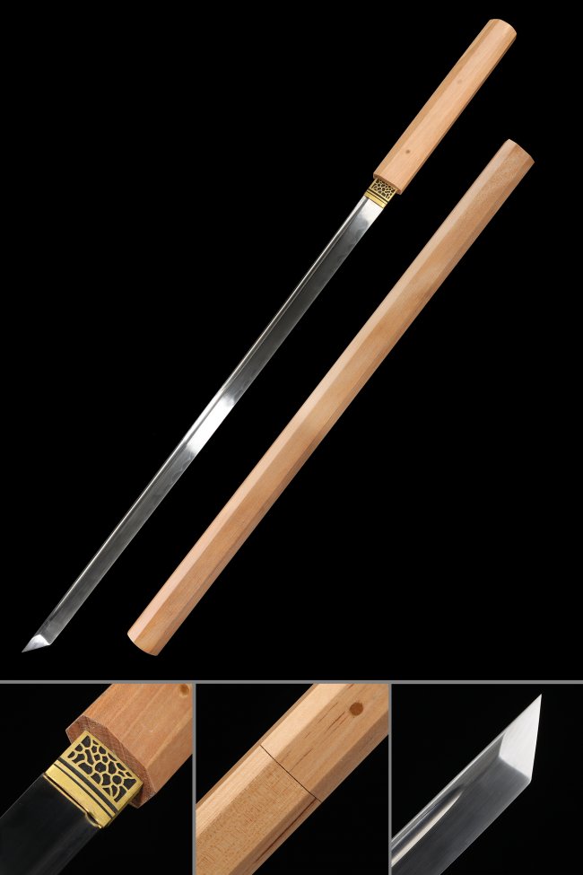 Geometric Tsuba T10 Carbon Steel Ninjato, Full Tang, Natural Wood Saya & Natural Wood Tsuka