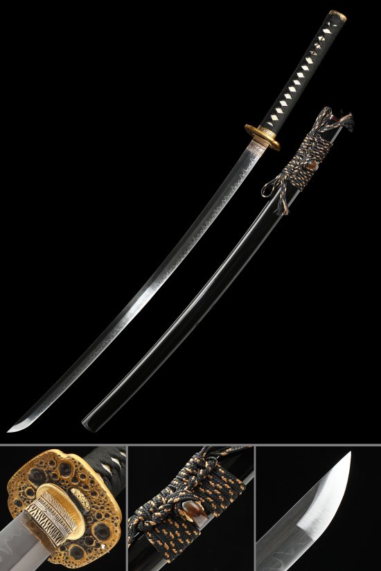 Ornate Scroll Tsuba T10 Carbon Steel Katana, Real Hamon, Full Tang & Handcrafted
