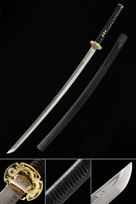 Handmade Japanese Katana Sword With Dragon Tsuba And Black Leather Scabbard