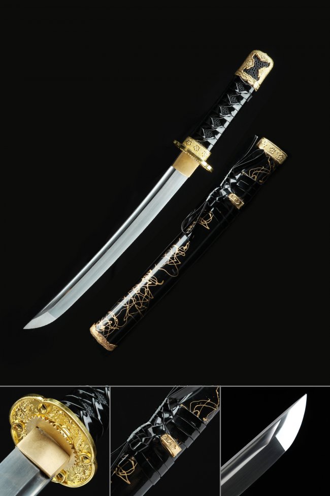 Manganese Steel Tanto with Gold Dragon Tsuba in Black Lacquer Saya - Gold Vine Koshirae