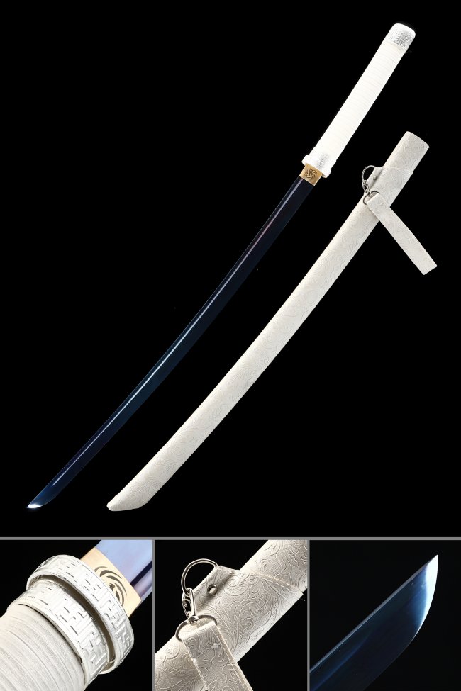 Blue Blade Manganese Steel Katana with White PU Leather Saya and Snake Alloy Tsuba - Full Tang Collectible