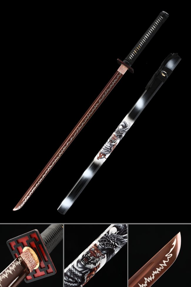 1095 Carbon Steel Ninjato with Dark Red Blade & Dragon Engraving - Black Saya Chokuto Replica