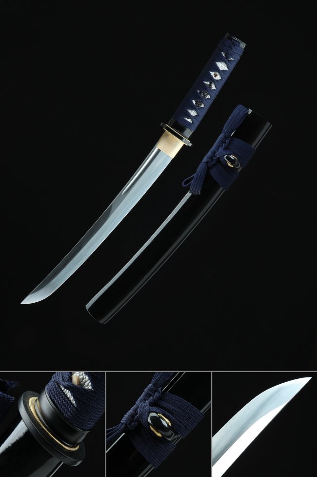 Manganese Steel Tanto Sword with Dark Blue Ito Wrap in Black Piano Lacquer Saya - Full Tang Collectible