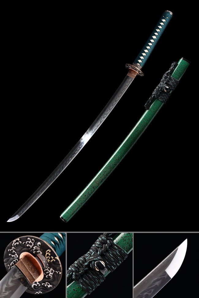 T10 Carbon Steel Katana with Dragon Engraving, Green Lacquer Saya & Wave Tsuba