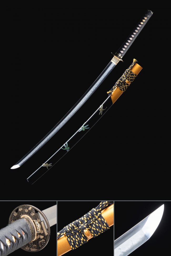 Chrysanthemum Tsuba T10 Carbon Steel Katana, Real Hamon, Black Dragonfly Saya & Gold Black Tsuka