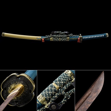Handmade Brown Wooden Blade Unsharpened Katana Sword With Light Green Scabbard And Kirsite Tsuba