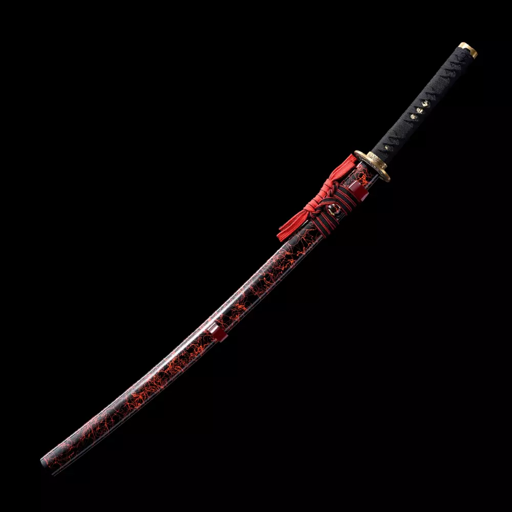 Black And Red Katana | T10 Steel Katana with Demon Tsuba in Gold