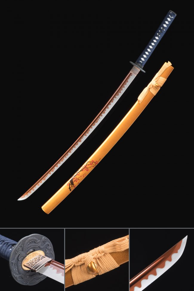 Manganese Steel Katana with Orange Lacquer Saya - Dragon Tsuba, Blue Ito, Cherry Blossom Scabbard