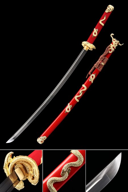 Handmade Japanese Samurai Sword High Manganese Steel With Red Scabbard And Snake Tsuba
