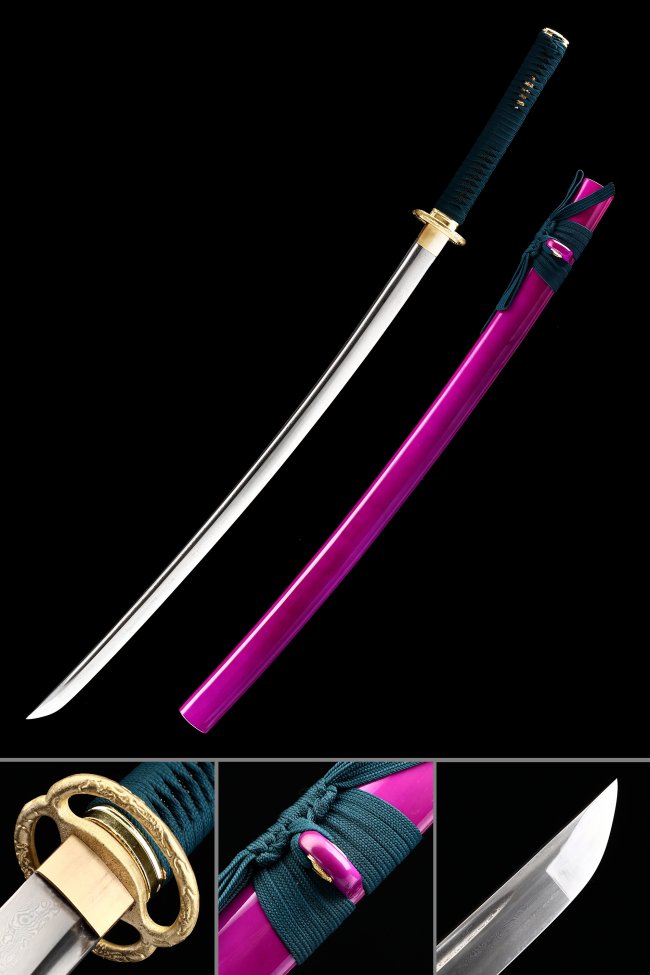 Damascus Steel Katana with Purple Piano Lacquer Saya - Teal Cord, Gold Tsuba, 41 in.