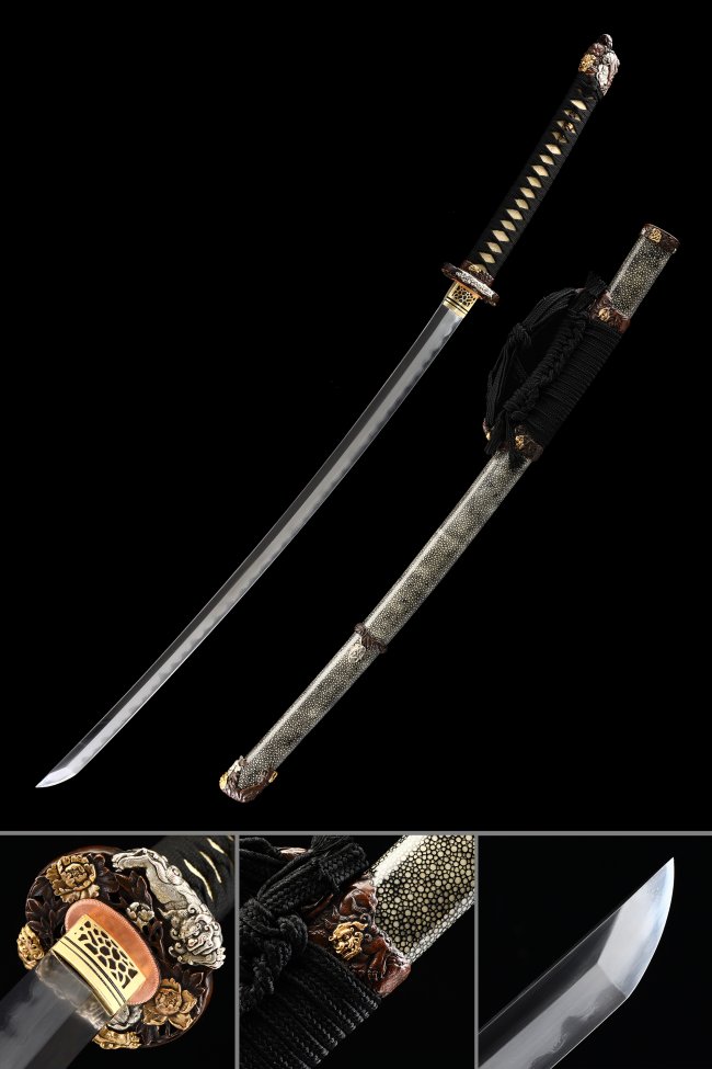 T10 Steel Clay Tempered Odachi with Real Hamon - Gray Rayskin Saya, Peony Copper Tsuba