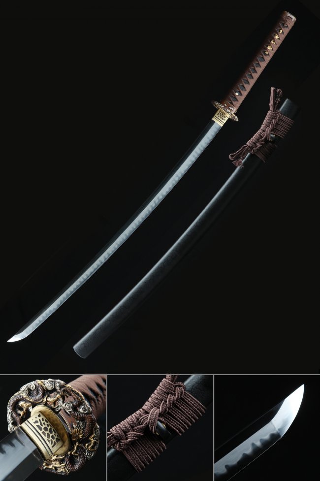 T10 Folded Clay Tempered Katana with Real Hamon - Full Tang Collectible Sword in Brown Ito and Gold Dragon Tsuba