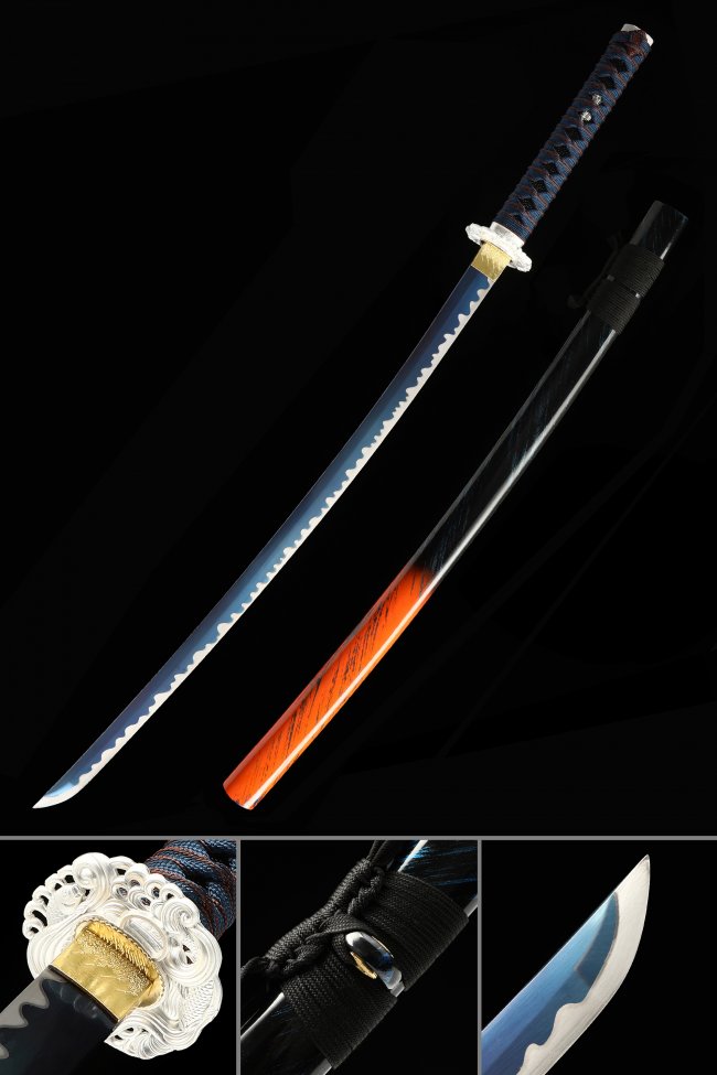 Manganese Steel Blue Blade Katana with Dragon Tsuba - Raging Fire Saya & Blue-Black Handle