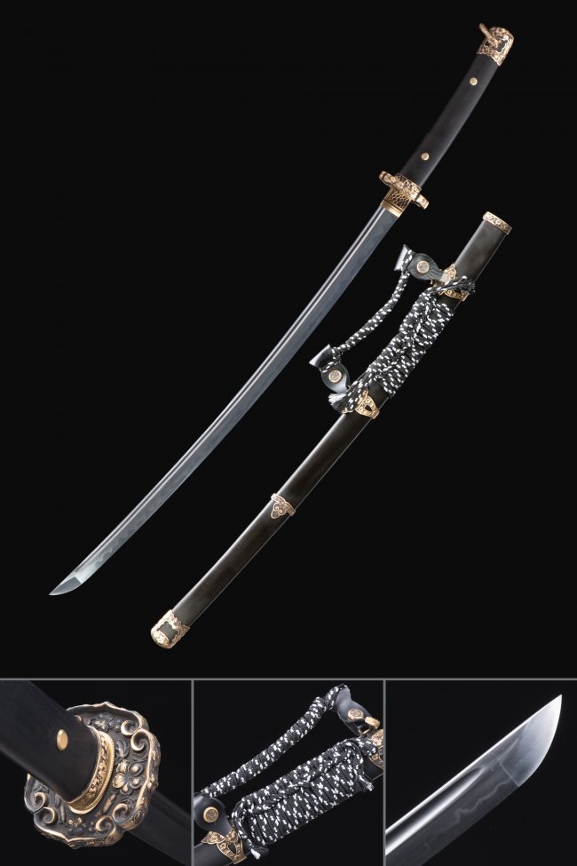 Nodachi Sword T10 Steel with Real Hamon in Black Lacquer Saya - Gold-Black Flower Tsuba