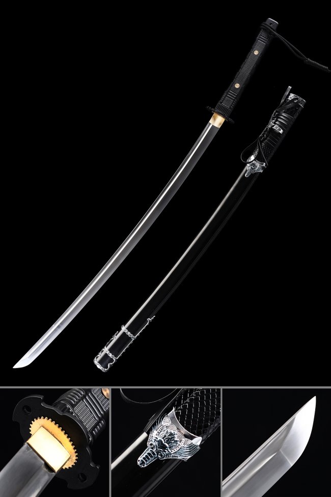 Manganese Steel Katana with Silver Skull Tsuba - Black Hardwood Saya & Gold Habaki Replica