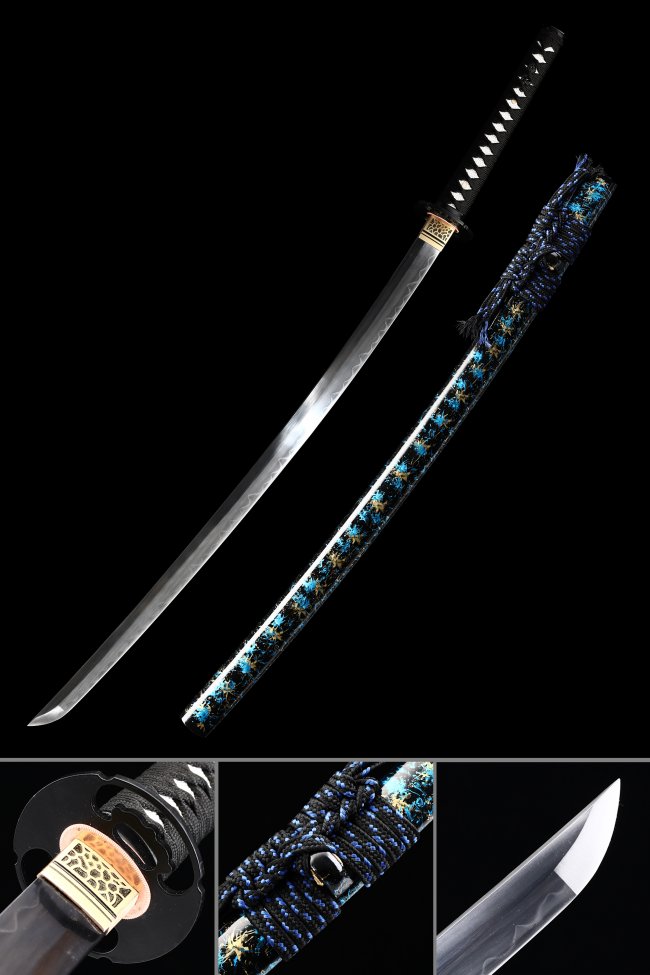 Damascus Steel Katana with Spider Saya in Black-Blue Lacquer, Real Hamon, Gold Scroll Tsuba