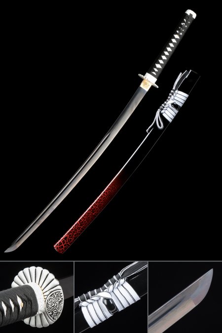 Handmade Japanese Samurai Sword With Black And Red Scabbard