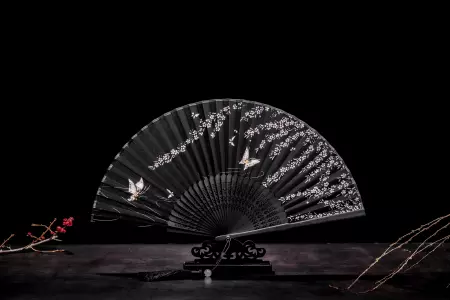 Vintage Japanese Folding Silk Hand Held Fan Retro Style With Bamboo Frame