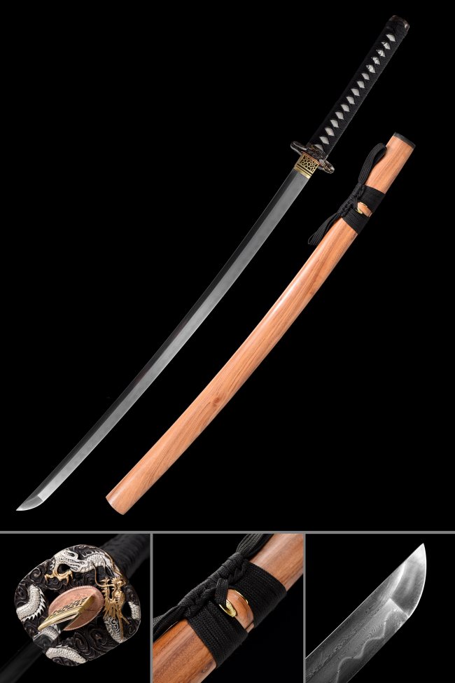 Damascus Steel Katana with Natural Hardwood Saya - Dragon Tsuba, Black Cord Handle