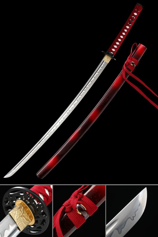 Ornate Scroll Tsuba 1095 Carbon Steel Katana, Full Tang, Handmade & Dark Red Saya