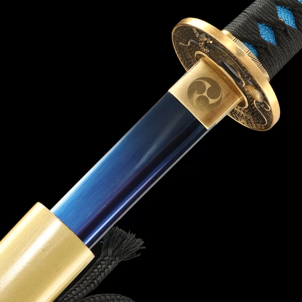 Spring Steel Blue Blade Katana with Snake Tsuba - Black & Gold