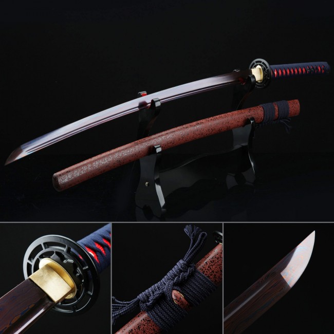 T10 Clay Tempered Katana with Folded Steel Blue-Red Blade in Speckled Brown Hardwood Saya