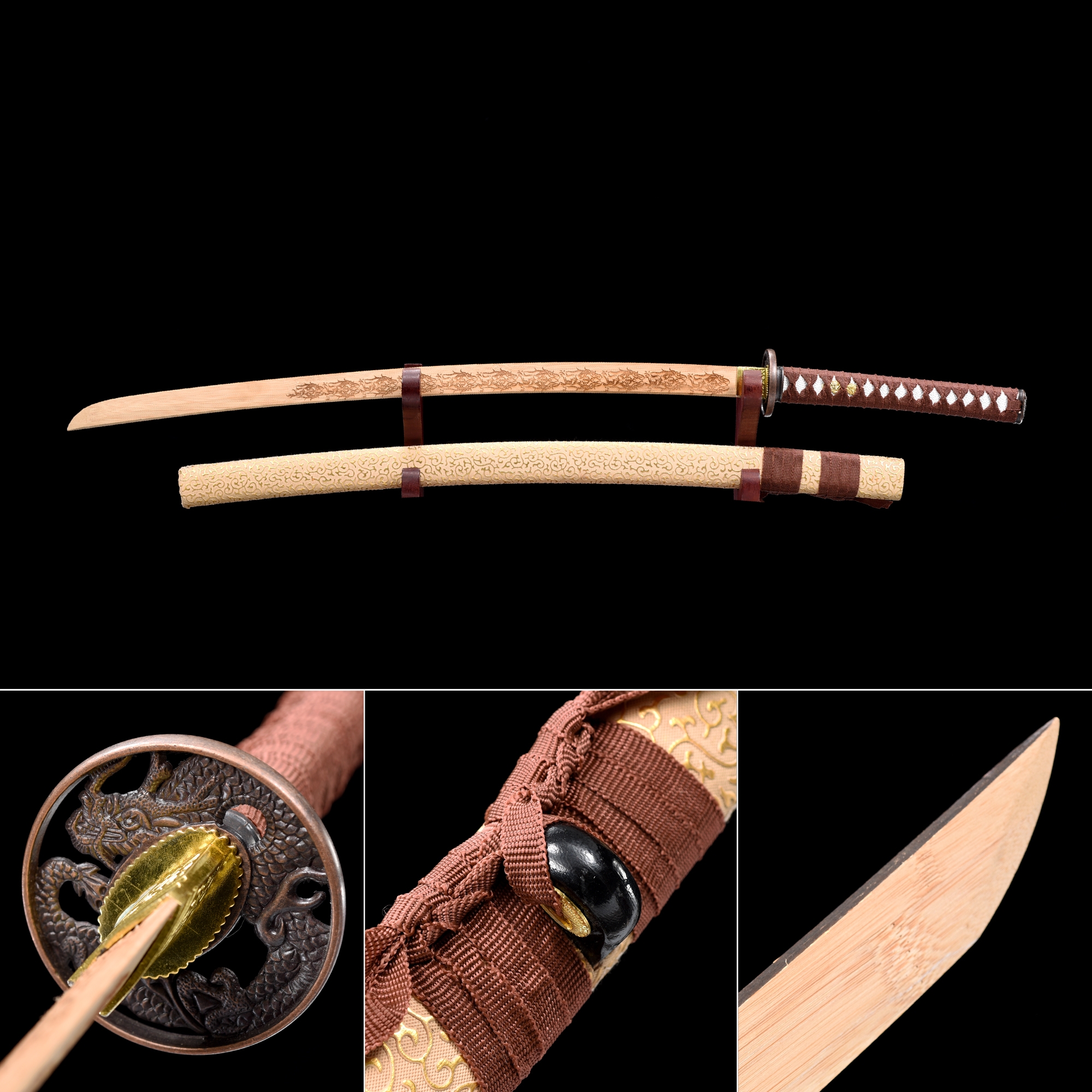 Handmade Natural Wooden Blade Unsharpened Katana Sword With Beige
