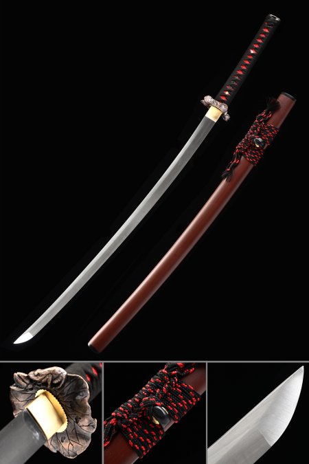 Handmade Japanese Katana Sword With Crimson Red Scabbard And Leaf Tsuba
