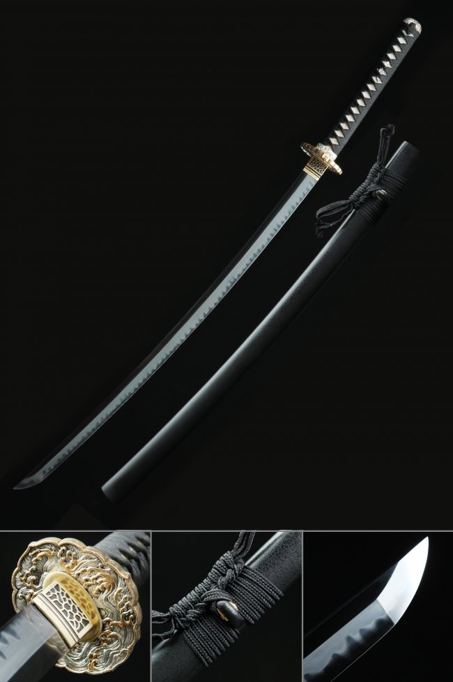 T10 Clay Tempered Katana with Real Hamon - Gold Wave Tsuba, Black Saya, Hand Forged