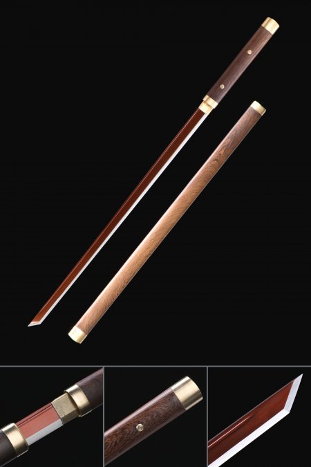 Straight Shirasaya Katana, Handmade Chokuto Ninjato Sword Without Tsuba With Red Blade
