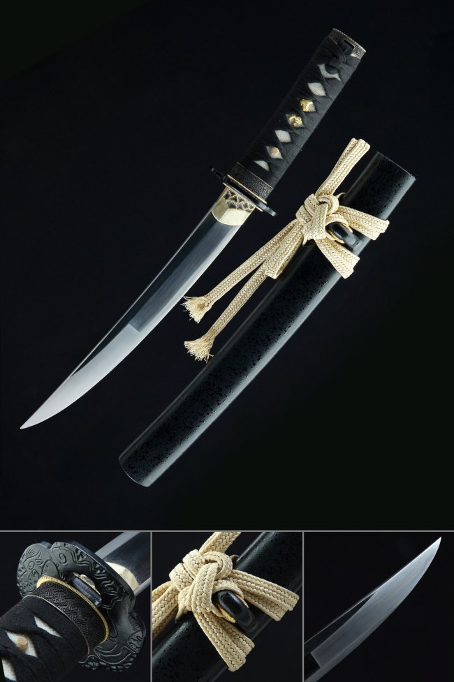 T10 Carbon Steel Tanto with Dragon Tsuba, Black Saya & Beige Sageo - Koshirae Replica