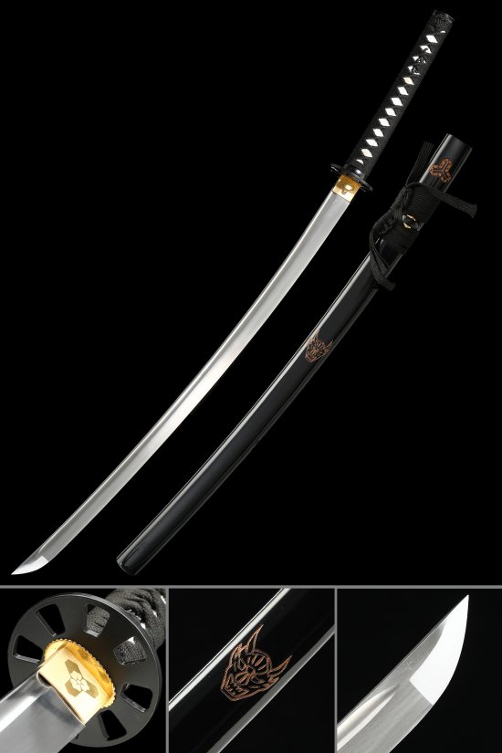 1065 Carbon Steel Katana with Black Piano Lacquer Saya - Dragon Engraving, Geometric Tsuba
