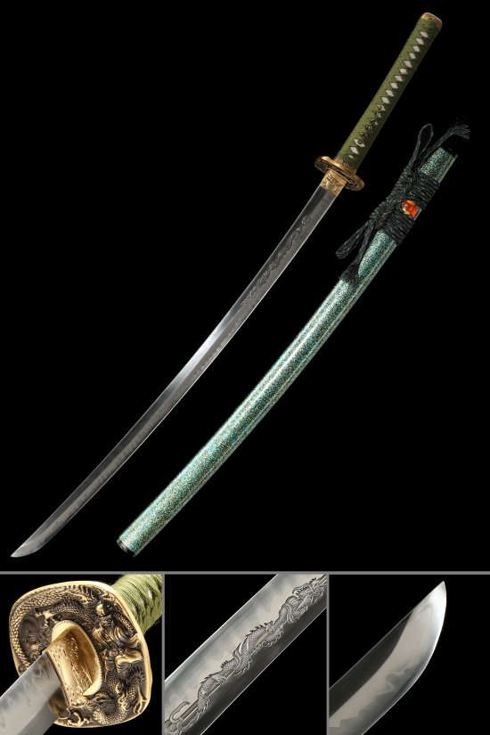 T10 Carbon Steel Katana with Dragon Tsuba - Green Cord Handle, Teal Lacquer Saya