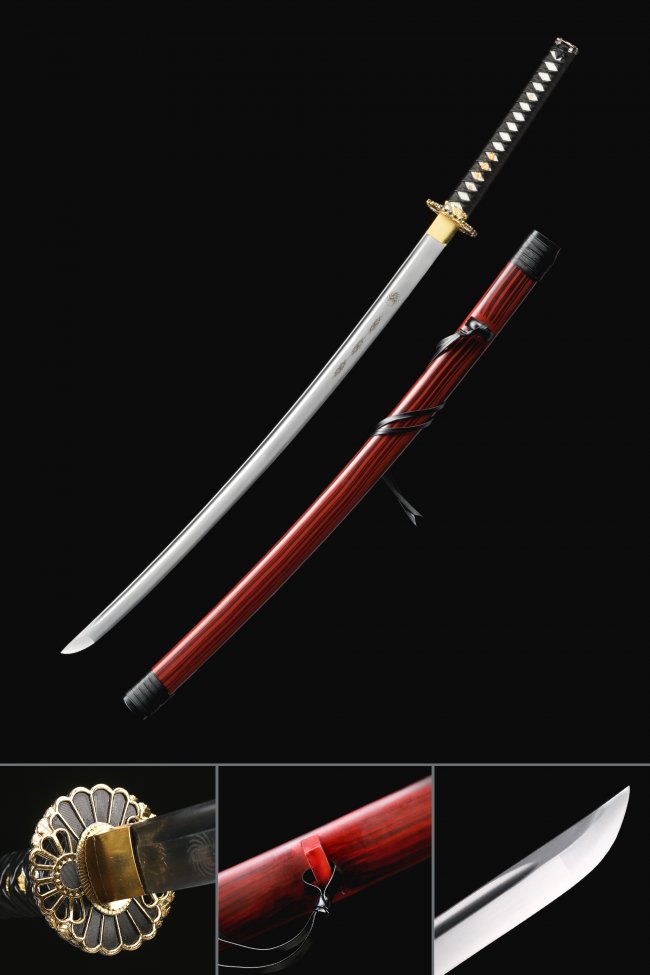1060 Carbon Steel Katana with Red Lacquered Hardwood Saya - Gold Chrysanthemum Tsuba, Black Ito