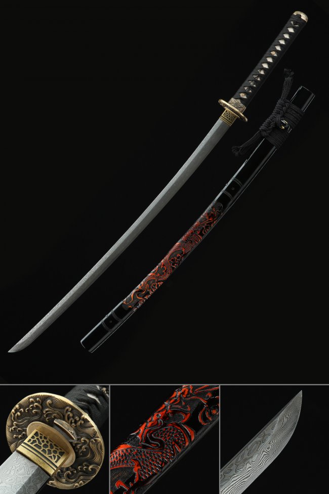 Damascus Steel Katana with Red Dragon Embossed Saya in Black Lacquer - Gold Alloy Wave Tsuba