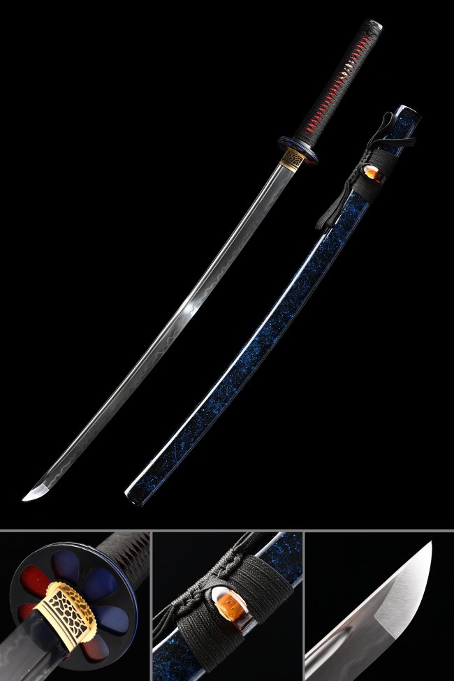 Real Hamon T10 Carbon Steel Katana, Handmade, Dark Blue Saya & Black Red Tsuka