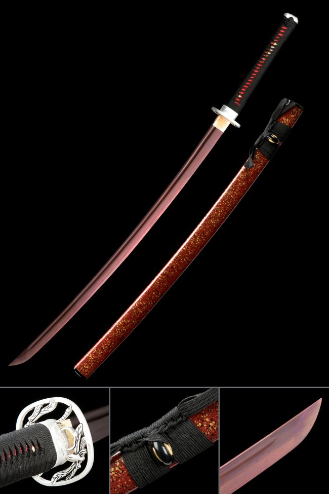 Manganese Steel Katana with Crimson Blade, Dragon Tsuba & Red-Gold Flake Saya