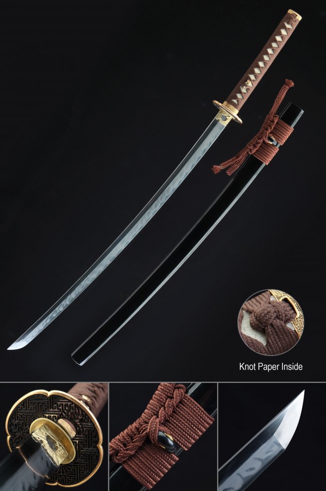 T10 Carbon Steel Katana with Real Hamon - Gold Geometric Tsuba, Brown Ito, Black Lacquer Saya