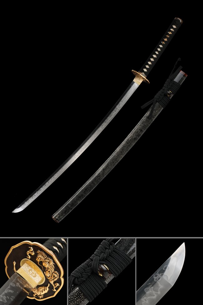 T10 Steel Katana with Dragon Tsuba in Gold-Black, Black Rayskin Saya & Hamon Blade