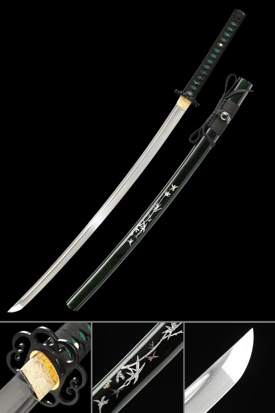 Full Tang Katana 1095 Carbon Steel with Dark Green Hand-painted Bamboo Saya - Real Hamon Replica