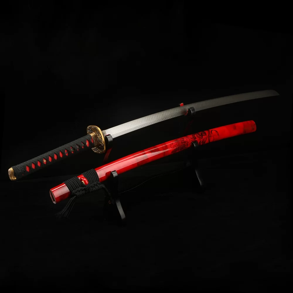 Samurai Sword | Handmade Damascus Steel Katana With Red Samegawa