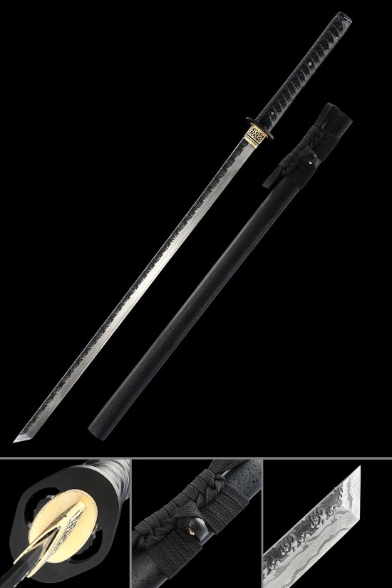 Folded Melaleuca Steel Ninjato Sword with Black Lacquer Saya - Gold-Black Tsuba Ninja Sword