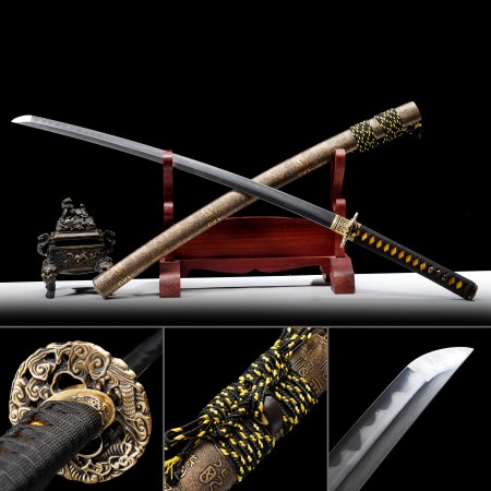 Handmade Nihonto Japanese Samurai Sword Pattern Steel Real Hamon With Bronze Scabbard