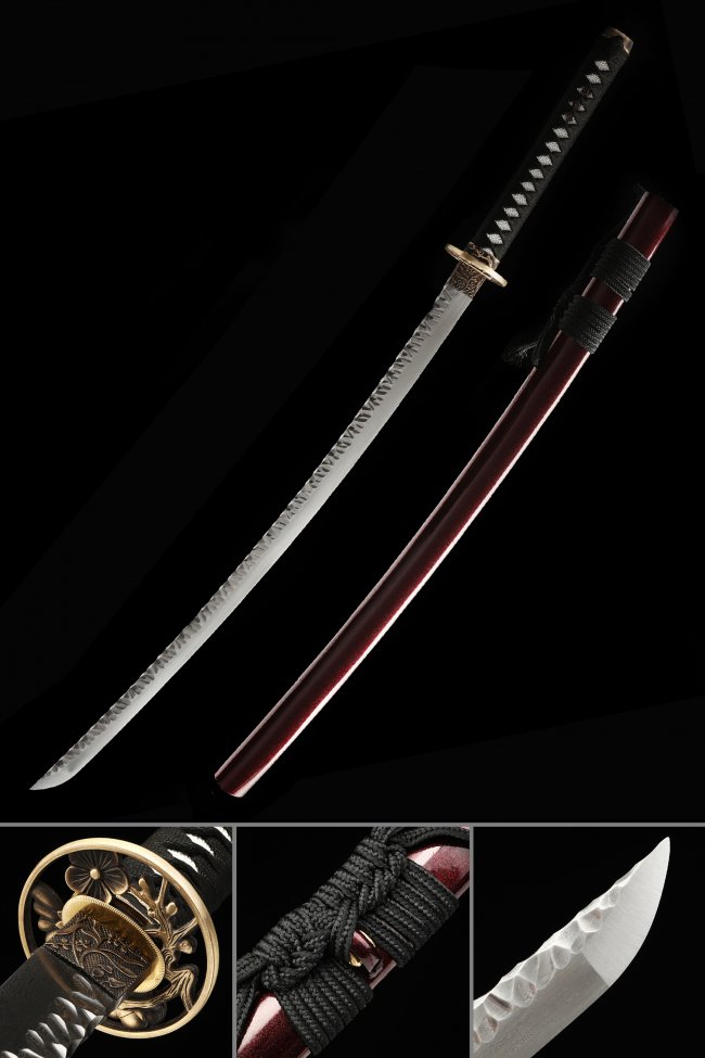Damascus Steel Katana with Chrysanthemum Tsuba in Dark Red Lacquer Saya - Black Ito