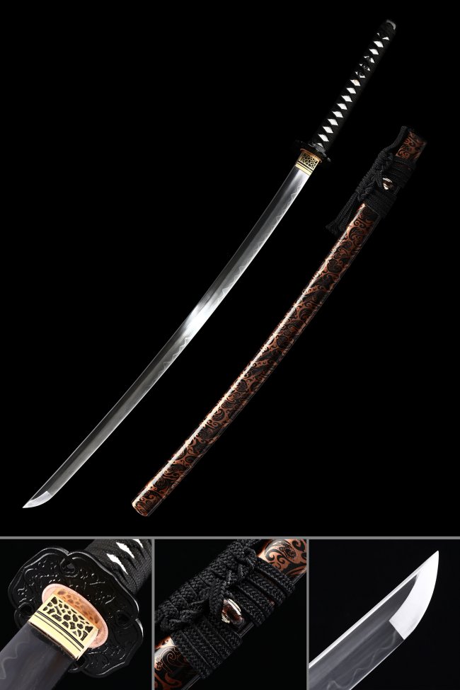 Damascus Steel Katana with Brown-Black Vine Lacquer Saya and Ornate Scroll Tsuba - Full Tang