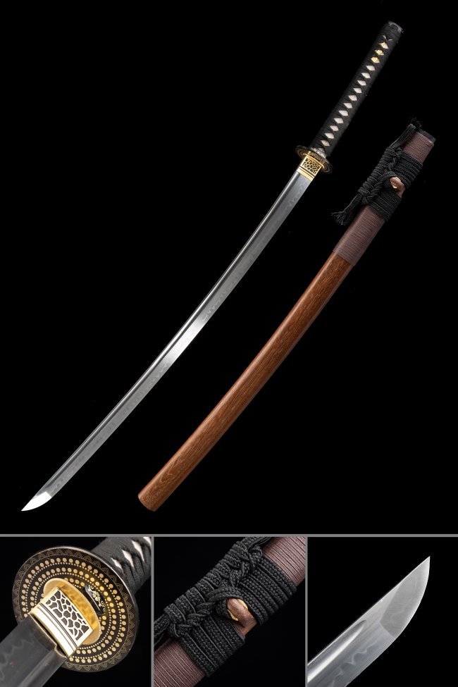 T10 Folded Clay Tempered Katana with Real Hamon in Natural Hardwood Saya - Black Ito Handle with Gold Alloy Tsuba