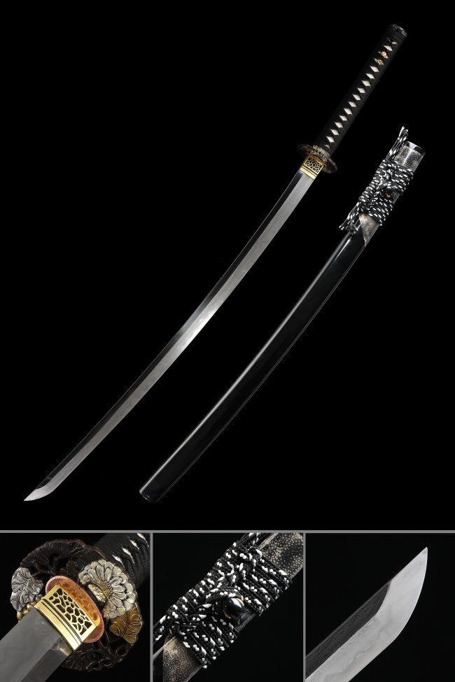 T10 Steel Katana with Clay Tempered Blade, Real Hamon in Black Piano Lacquer Saya